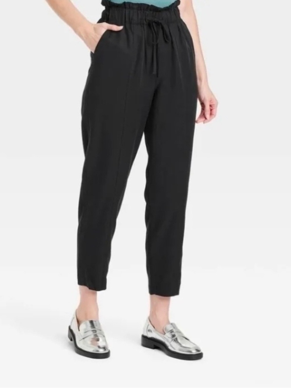 A New Day Black Elastic-Waist Tapered Pants - Women